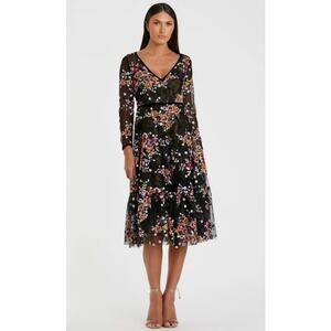 Mac Duggal Black Floral Embroidered Midi Tea Length Dress Sz 14 NWT‎ Whimsigoth